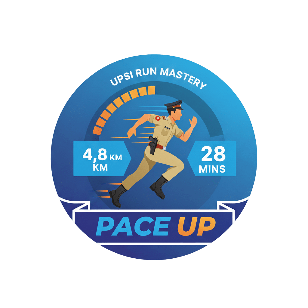 Lakshya Run badge: a runner in uniform with “UPSI Run Mastery — 4.8 km, 28 mins — Pace up”