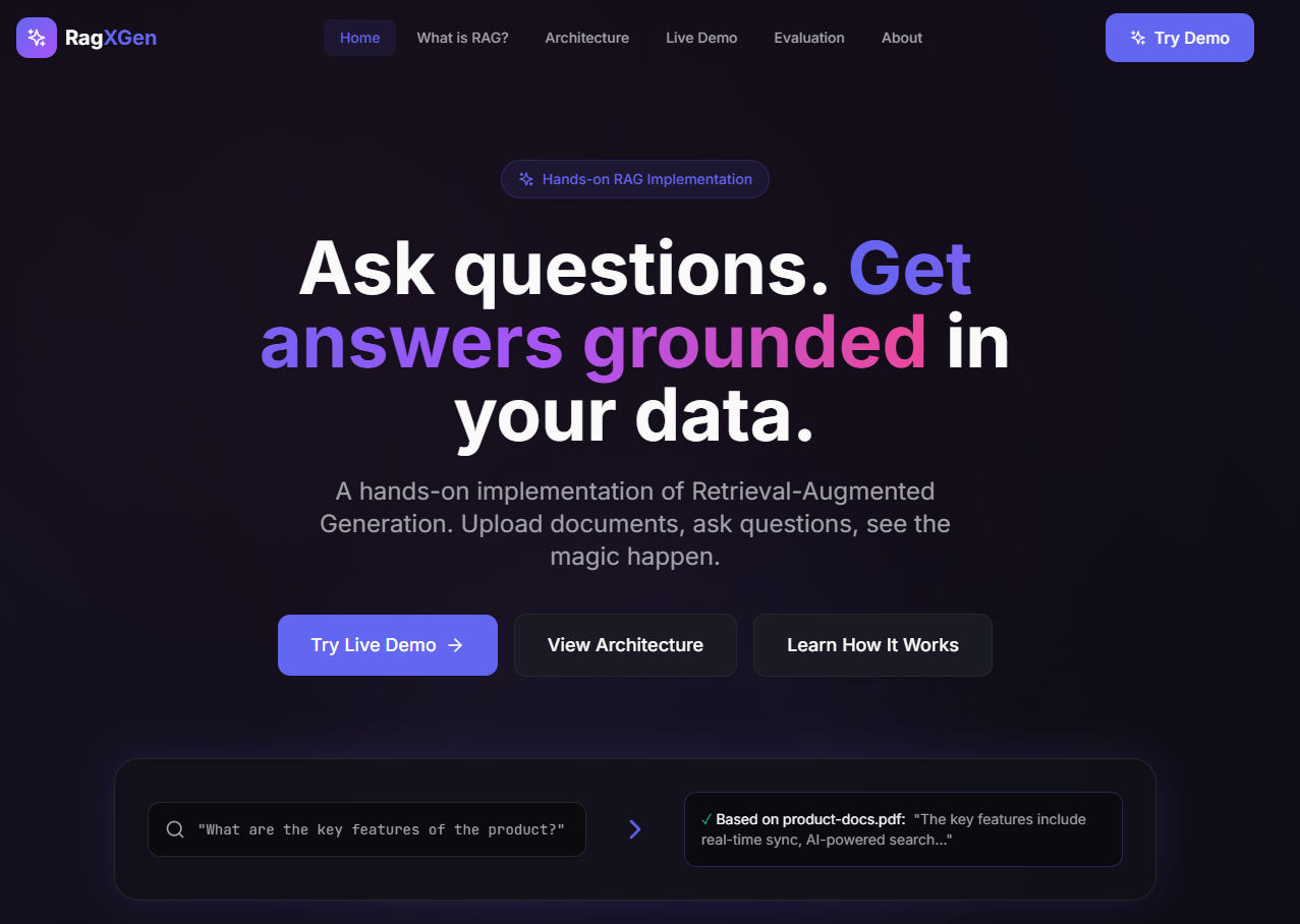 RagXGen landing page: “Ask questions. Get answers grounded in your data.” with a sample question and grounded answer