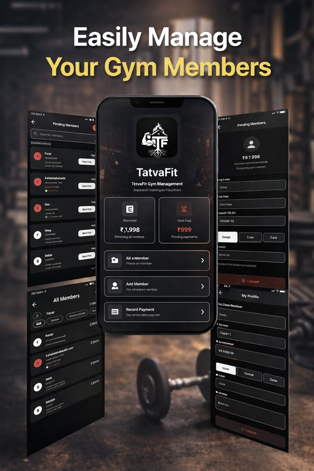 TatvaFit app screens: member list, payments received and pending, add member and record payment