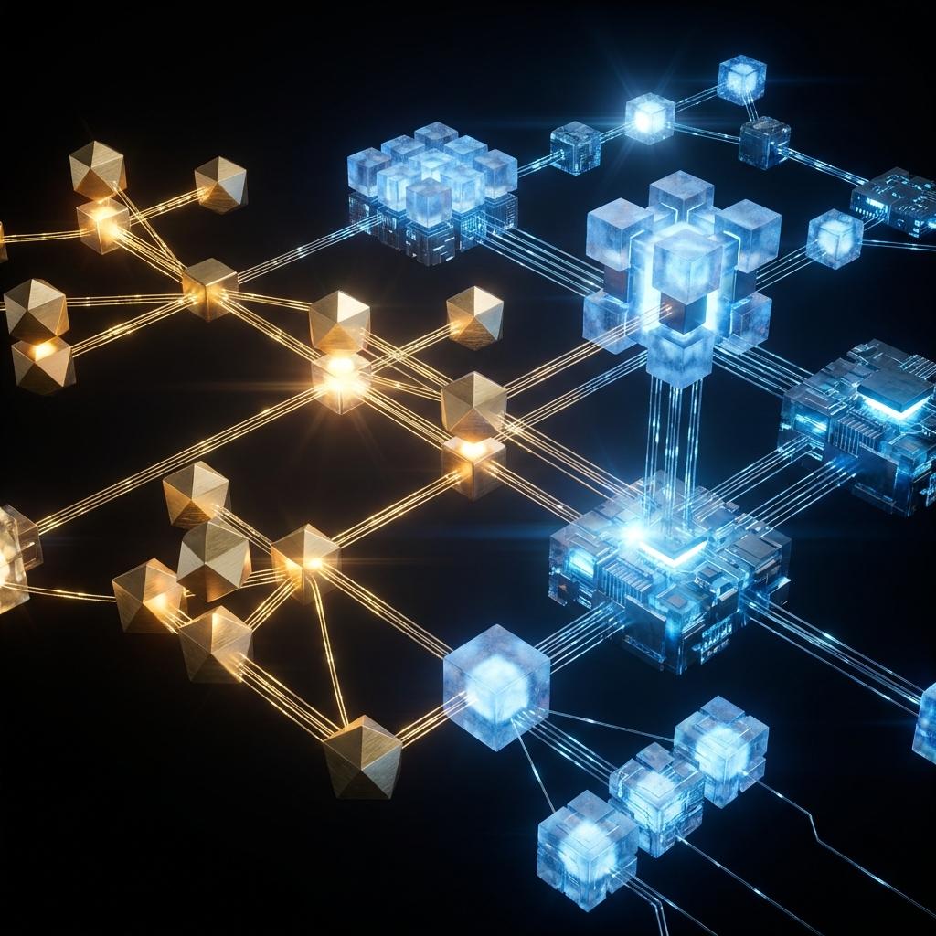 Key art: gold and ice-blue modules connected by beams of light
