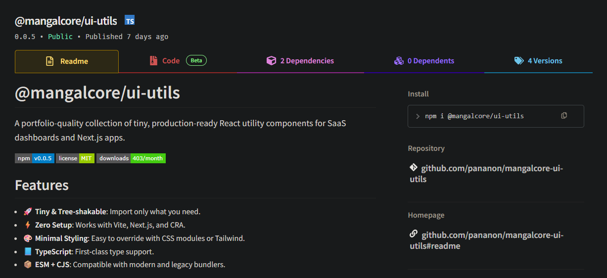 npm registry listing for @mangalcore/ui-utils